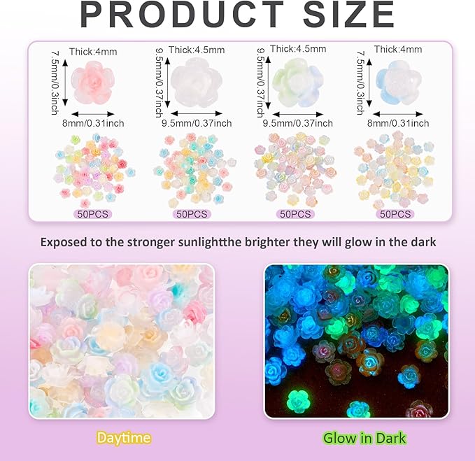 200 Pcs Mini Resin Flower Charms Luminous Rose Flower Flatback Cabochons Glow in The Dark Floral Rose Beads Nail Embellishments for DIY Craft Scrapbooking Hair Clip Decor