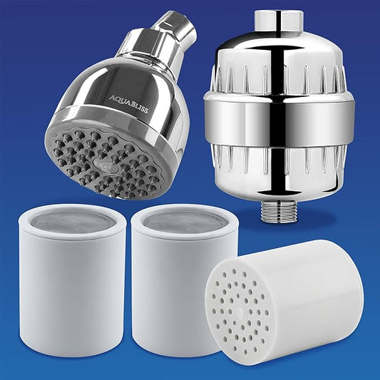 AquaBliss SF220 Multi-Stage Shower Filter w/Replaceable Cartridge - TurboSpa 3 Inch High Pressure Shower Head w/Flow Restrictor - w/ 3 AquaBliss SFC220 Replacement Multi-Stage Shower Filter Cartridge