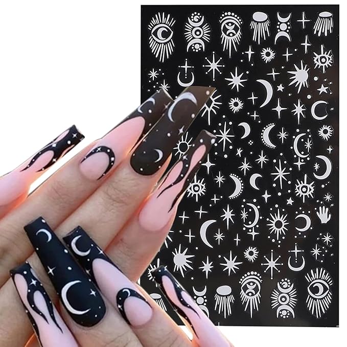 White Totem Nail Art Adhesive Sticker 3D Self-Adhesive Nail Decals Art Design Holographic Stars Moon Snake Nail Art Sticker Decoration for Women Manicure Tips Acrylic Nails DIY Nails Art Supplies