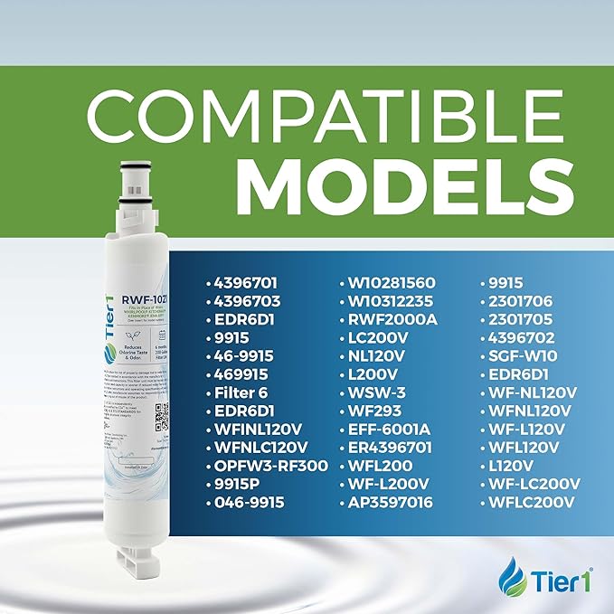 Tier1 RWF1021 4396701 Refrigerator Water Filter | Replacement for Kenmore 9915, EDR6D1, WF293, RWF2000A, 46-9915 Fridge Filter - Up to 12 Months Supply | Easy Install | Great Tasting Water (2-pk)