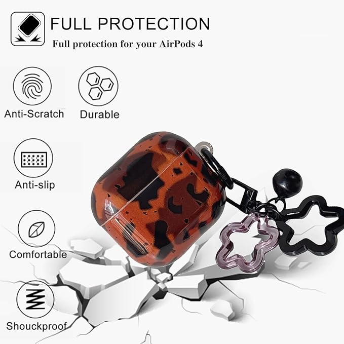 for AirPods 4 Case - Black Brown Leopard Print Design, Soft TPU Protective Cover with Detachable Neck Strap & Hand Strap, Shockproof Travel Accessories for Women Men (Stylish, Cute, Unisex)