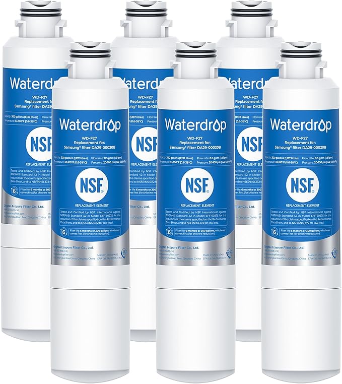 Waterdrop DA29-00020B Refrigerator Water Filter, Replacement for Samsung® HAF-CIN/EXP, DA29-00020A/B, DA29-00020B-1, RF263BEAESR, RF28HMEDBSR, RF263TEAESG, RF4287HARS, 6 Filters