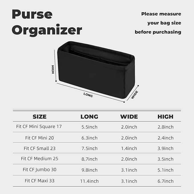Purse Handbag Silky Organizer Insert Keep Bag Shape Fits Chanel Classic Flap CF Mini Square 17/20/Small/Medium/Jumbo/Maxi Bags, Luxury Handbag Tote Lightweight Sturdy(CF Maxi 33,Black)