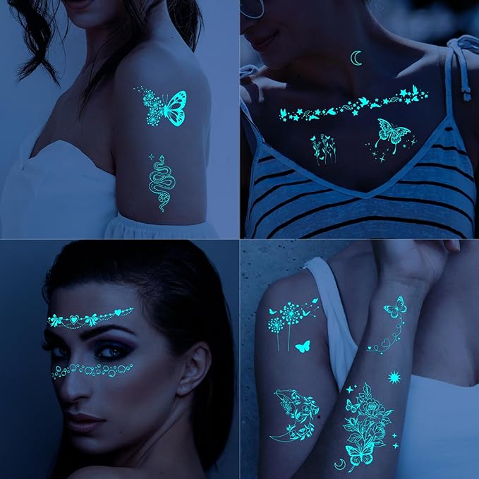 Realistic Butterfly Blue Glow in the Dark Tattoo Temporary for Adult Women, Luminous Flower Butterfly Leaf Face Fake Tattoo Sticker Girl Arm Hand, Sexy Floral Moth Temp Tatoo Body Art Makeup, 9-Sheet
