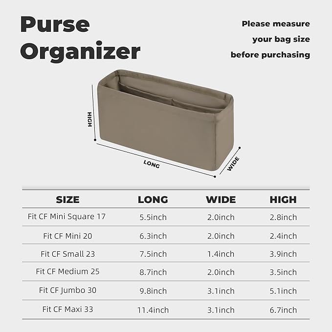 Purse Handbag Silky Organizer Insert Keep Bag Shape Fits Chanel Classic Flap CF Mini Square 17/20/Small/Medium/Jumbo/Maxi Bags, Luxury Handbag Tote Lightweight (Mini Square 17,Cris tourterelle)