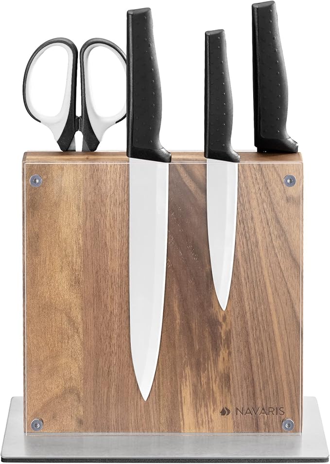 Navaris Magnetic Knife Block - Kitchen Storage with Strong Magnets for Knives & Utensils - Simple Modern Holder with Acrylic Guard - Acacia Wood - 8.8" x 8.7"