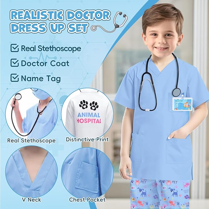 G.C Kids Veterinarian Costume Toddler Doctor Kit Scrubs Doctor Vet Costume Play Set Boys Girls Halloween Dress Up Career Day