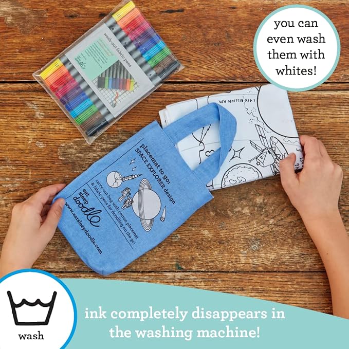 eatsleepdoodle Space, Planets and Spacecraft Cotton placemat to Color-in, Educational Solar System Coloring Placemat, Washable Felt tip Fabric Markers Included