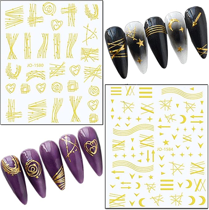 Gold Nail Art Stickers, 3D Self-Adhesive Decals - Wave Line Chains Flame Stars Flowers Leaf Sticker for Women Manicure Charms Decorations DIY Glitter Transfer Tips