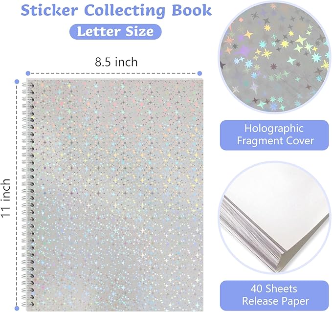 Large Reusable Sticker Book Collecting Album 8.5×11 Inch Sticker Storage Collection Organizer Book for Adult with 40 Sheets Letter Size Blank Release Paper and Holographic Cover (Little Star)