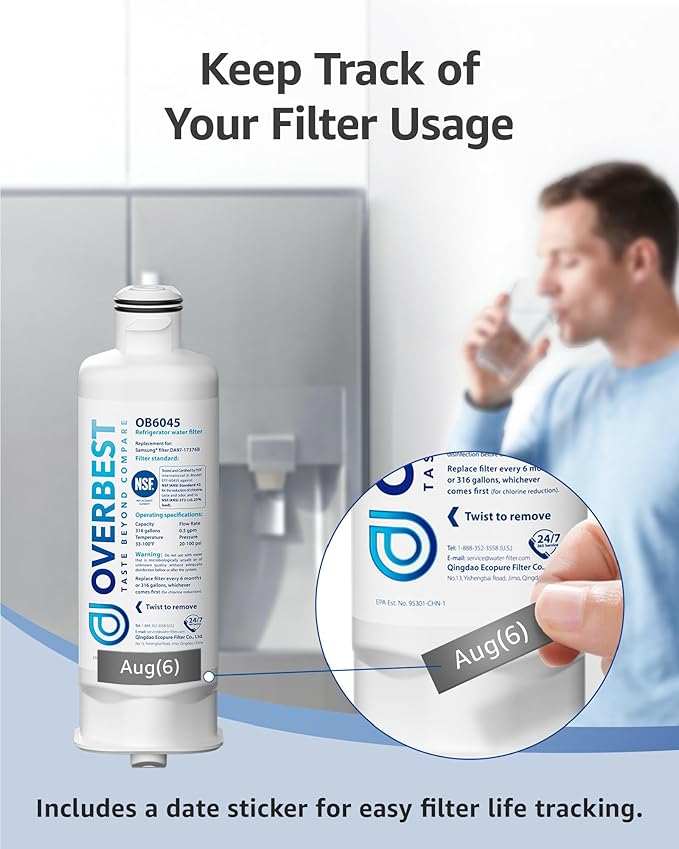 Overbest DA97-17376B Refrigerator Water Filter, Replacement for Samsung® HAF-QIN/EXP, HAF-QIN, DA97-08006C, RF28R7201SR, RF28R7351SG, RF23M8070SR, RF23M8090SG, OB6045, 3 Pack