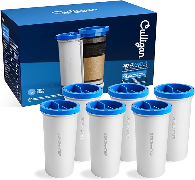 Culligan with ZeroWater Technology Replacement Filter 6-Pack, 5-Stage Advanced Water Filter – IAPMO Certified to Reduce Lead, Total PFAS (Forever Chemicals), Mercury, Fluoride, and Chlorine