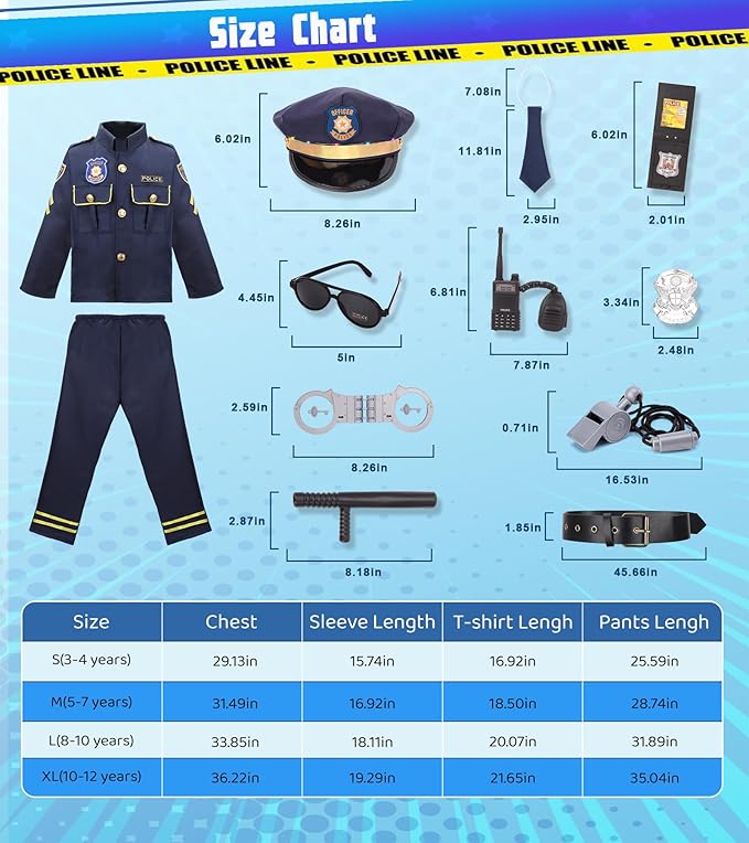 LOYO Police Costume for Kids - Boys Police Officer Costume with Light Up Hat, Halloween Kids Cop Uniform Dress Up Ages 3-12(XL,10-12 Years)