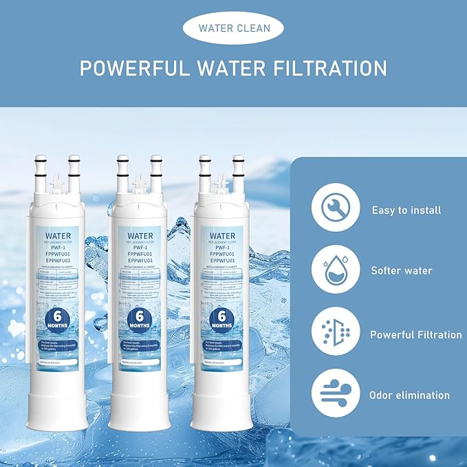 FPPWFU01 Water Filter Replacement Compatible With Frigidaire FPPWFU01 PurePour PWF-1, Electrolux EPPWFU01 PureAdvantage PWF-1 Water Filter, 3 Pack