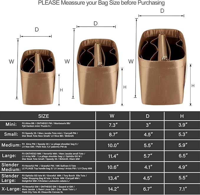 Purse Organizer Insert For Handbags, Purse Organizer With Zipper, Neverfull Organizer, Bag Organizer For Speedy Neverfull ONTHEGO Tote, Handbag and More (Silky Brown, Mini)