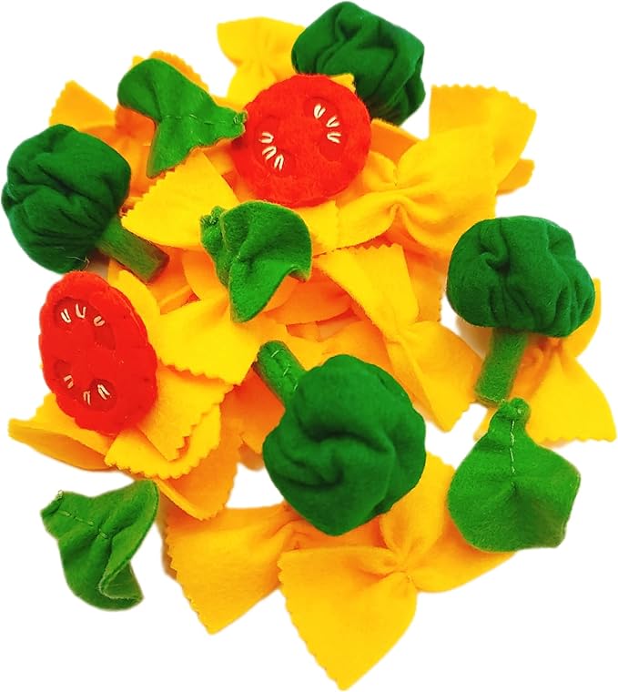 Pasta with broccoli, farfalle, bow tie pasta, felt play food for kids kitchen, pretend play for kids (yellow, set 2 (farfalle, broccoli, tomatoes, basil))