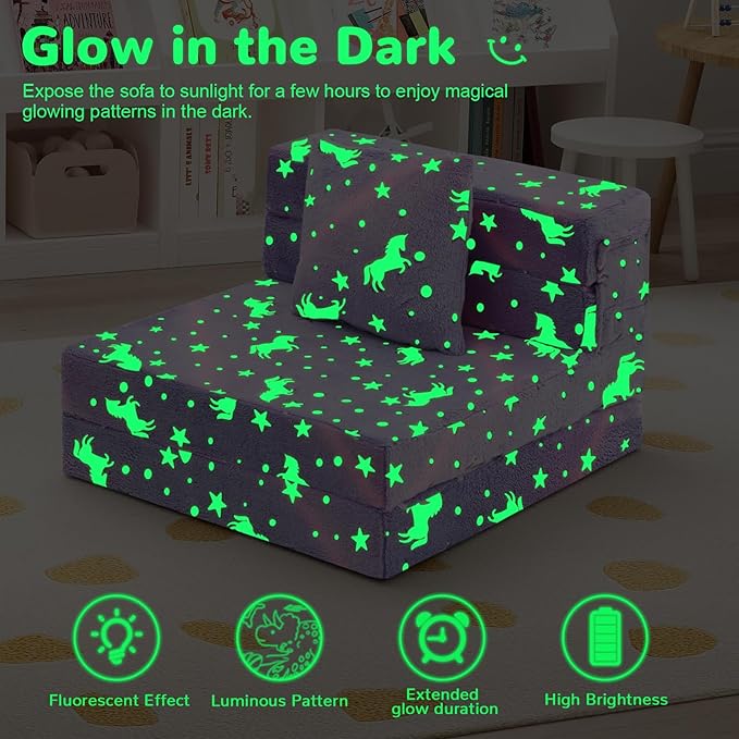 MeMoreCool Foldable Futon Chair Bed for Kids, Glow Tri-Fold Sofa Bed Convertible Toddler Sofa Mattress, Foam Floor Couch for Sitting, Purple