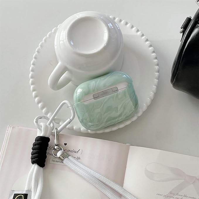 Premium Silicone Case for AirPods Pro 3 (2025) - Mint Marble Green Shockproof Cover with Detachable Neck Lanyard, Travel Keychain Design, MagSafe Compatible, Unisex for Women & Men