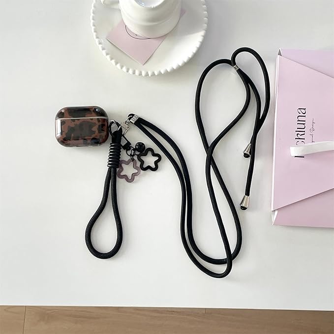 Dark Brown Leopard Print Silicone Case for AirPods Pro 3 (2025) - Cute Shockproof Cover with Detachable Long Neck Lanyard, Travel Keychain, MagSafe Compatible, Unisex for Women & Men