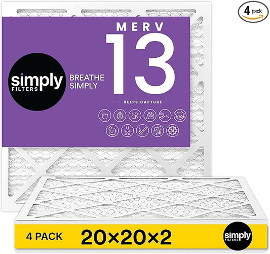 Simply 20x20x2 Air Filter, MERV 13, 4 Pack, Furnace Air Filter for HVAC (Actual Size: 19.5"x19.5"x0.75") DUST, Pet & Allergy Control