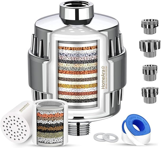 15-Stage Hard Water Softener for Tap, Shower with Metal Adapter Set, Universal Shower Head, Faucet Water Filter, Removes Chlorine Heavy Metals Sediment, Bathroom Water Softener Filter Chrome