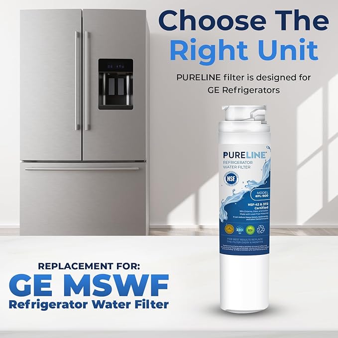 Pureline MSWF Replacement for GE MSWF, RWF1500A, 101820A, 101821B Refrigerator Water Filter - Reduces Bad Taste & Odor (3 Pack)