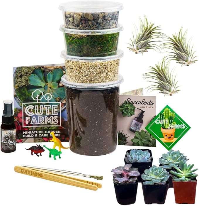 Cute Farms Terrarium Starter Kit | Moss, Vermiculite, Soil, Pebbles, Plant Food, & Finishing Tools (Large + 8 Live Plants)