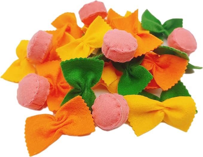 Felt play food Pasta farfalle with sausage for pretend play in kids kitchen, plush fake realistic bow tie (tri-color farfalle, Large set (24 farfalle, 6 sausages))