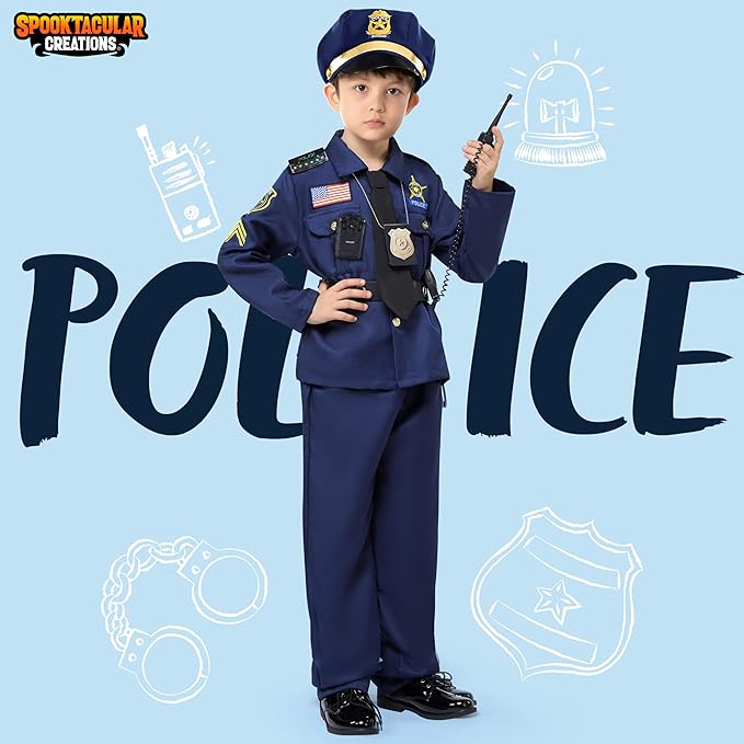 Spooktacular Creations 14PCS Halloween Police Costume for Kids, Police Officer Costume for Boys, Toddler RolePlay Party