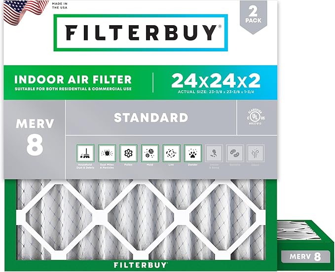 Filterbuy 24x24x2 Air Filter MERV 8 Essential Dust & Allergy Defense (2-Pack), Electrostatic Pleated HVAC AC Furnace Filters Replacement (Actual Size: 23.38 x 23.38 x 1.75)