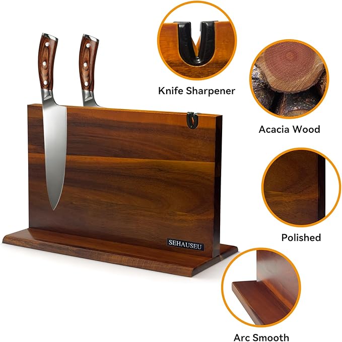 Double Sided Magnetic Knife Stand with sharpener,Kitchen Storage with Strong Magnets for Knives & Utensils,Modern Wooden Knife Block for Kitchen Countertops, Without Knives,14"x10"
