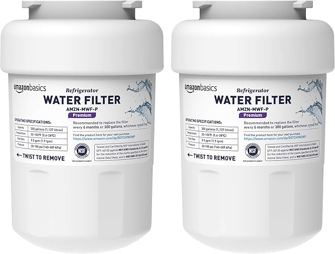 Amazon Basics Replacement Water Filter Cartridge Compatible with GE MWF Refrigerator, NSF Certified, Easy to Install, Leak-Proof, 2-Pack
