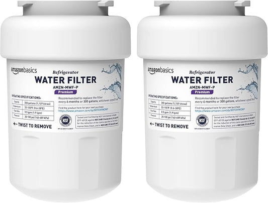 Amazon Basics Replacement Water Filter Cartridge Compatible with GE MWF Refrigerator, NSF Certified, Easy to Install, Leak-Proof, 2-Pack