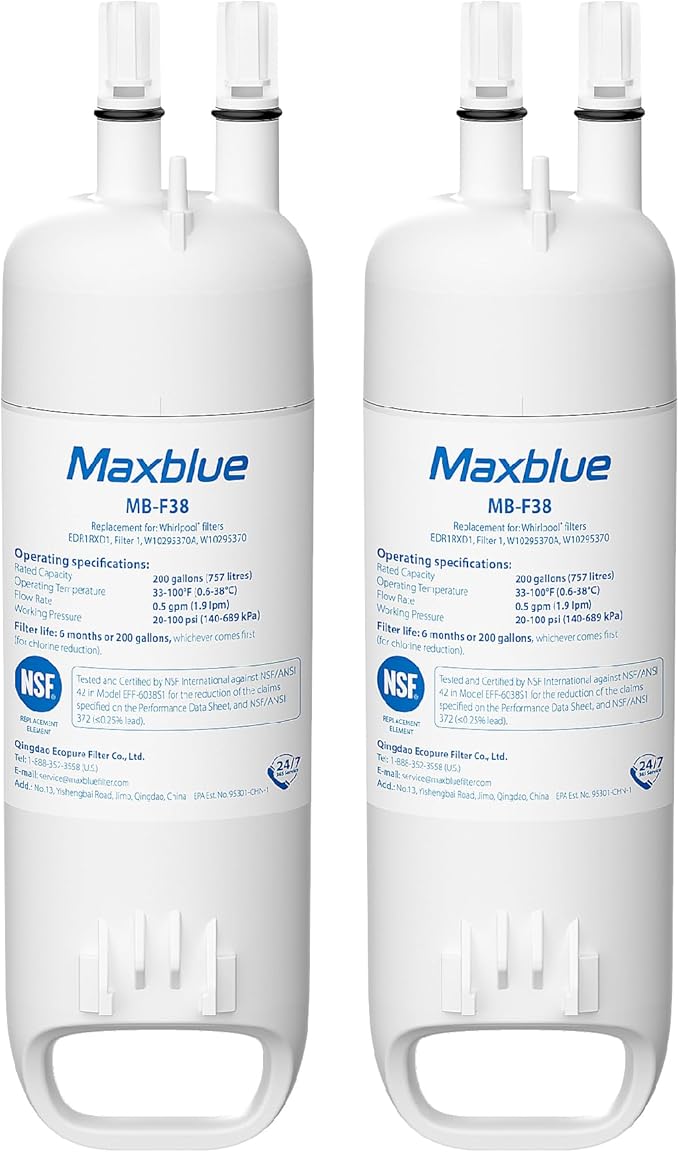 Maxblue EDR1RXD1 Replacement for Everydrop® Filter 1, Whirlpool® W10295370A, EDR1RXD1B, P8RFWB2L, P4RFWB, MB-F38, Kenmore® 46-9081, 46-9930 Refrigerator water filter, 2 Filters