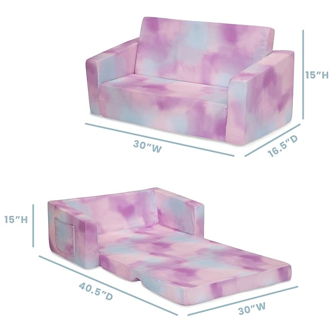 Delta Children Cozee 2-in-1 Sofa, 2-Seater Convertible Toddler Couch Sleeper, Wide 2-in-1 Flip Open Foam Chair for Playroom, Pet-Friendly, Bed Lounger, Comfy Play Sleeping Lounge Chair, Pink Tie Dye