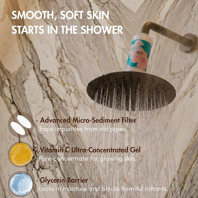 NEMOFILTER Vitamin C Shower Filter for Hard Water, Chlorine & Heavy Metal Removal, Reduces Dry Itchy Skin and Frizzy Hair, Aromatherapy Softener, Easy Install, Cherry Blossom, 150g