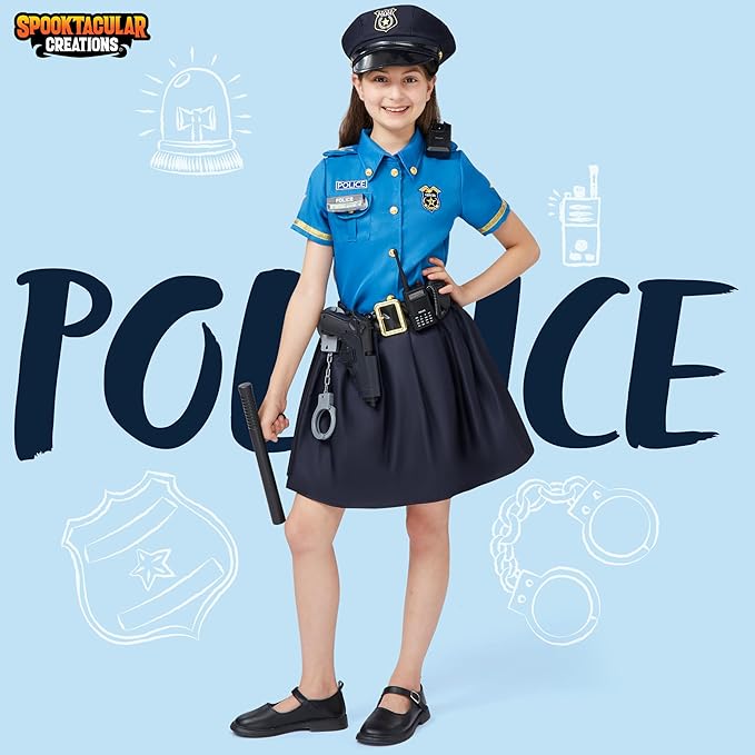 Spooktacular Creations Halloween Police Officer Costume for Girls, Blue Girl Police costume for Kids Dress Up Parties