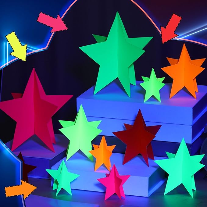 45 Pcs Neon Party Decorations Glow in The Dark Star Centerpieces 3D Fluorescence Table Decor 3 Sizes 8" 5" 3" Lighted Theme Birthday Party Supplies
