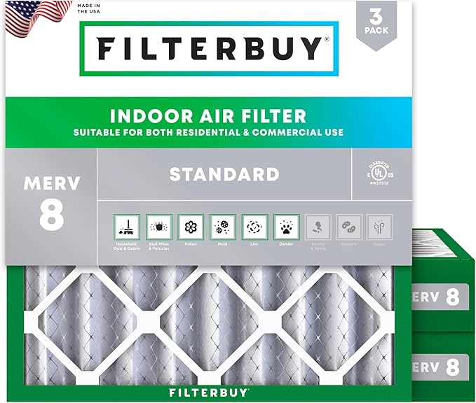 Filterbuy 25x25x4 Air Filter MERV 8 Essential Dust & Allergy Defense (3-Pack), Electrostatic Pleated HVAC AC Furnace Filters Replacement (Actual Size: 24.50 x 24.50 x 3.63)