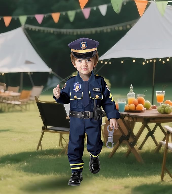 LOYO Police Costume for Kids - Boys Police Officer Costume with Light Up Hat, Halloween Kids Cop Uniform Dress Up Ages 3-12(XL,10-12 Years)