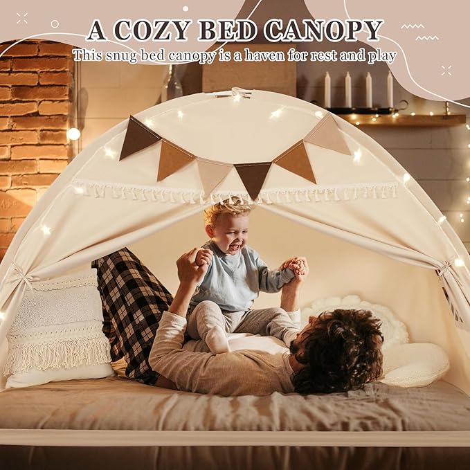 Full Size Bed Tent Canopy, Kids Play Tent with Flags & Star Lights, Canopy on Bed Privacy Space Sleeping Blackout Tents, Indoor Breathable Portable & Foldable, XL-Large Cream Tassels Style