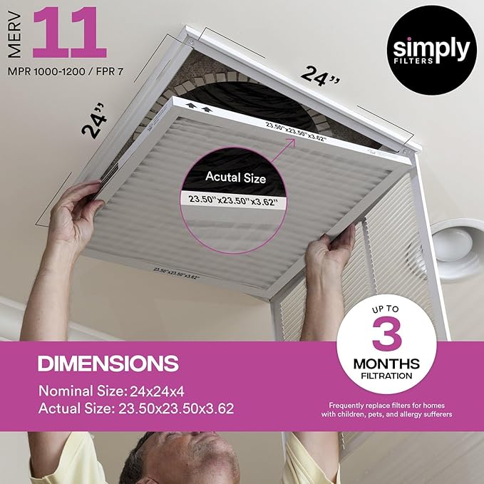 Simply 24x24x4 Air Filter, MERV 11, MPR 1000, 4 Pack, Furnace Air Filter for HVAC (Actual Size: 23.5"x23.5"x3.63") DUST, Pet & Allergy Control