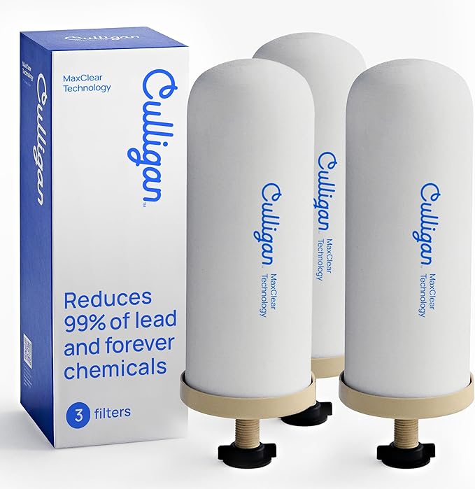 Culligan MaxClear 7” Gravity Water Filter Replacement Compatible with ProOne & Berkey Water Filter Systems, Ceramic & Carbon Filter NSF/ANSI Certified, Reduce Total PFAS, Microplastics & Lead, 3-Pack