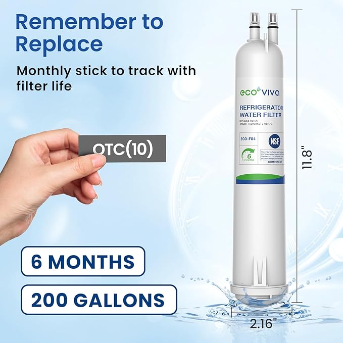 Ecoviva EDR3RXD1 Replacement Water Filter, Compatible with Whirlpool 4396841, Filter 3, 4396710, P1WB2, Kenmore 46-9020, 46-9020P, PUR W10121145,W10121146 Refrigerator Water Filter, 3 Filters