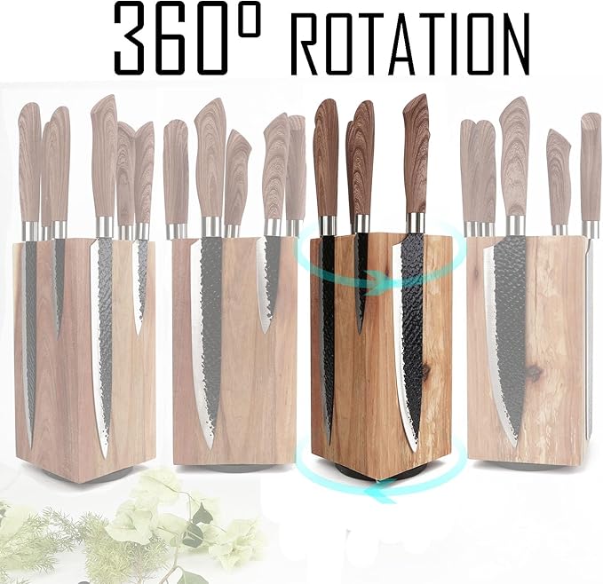 Resafy Magnetic Knife Wooden Block 360 Rotatable Knife Holder Rack Magnetic Stands with Strong Enhanced Magnets Kinves Strip, Modern Style