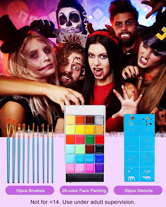 Lictin Face Body Painting Kit, 26 Colors Rainbow Body Paint for Kids Adults, Safe & Non-Toxic Water Based Split Cake Face Paint Palette, Party Makeup Set for Halloween Christmas Cosplay