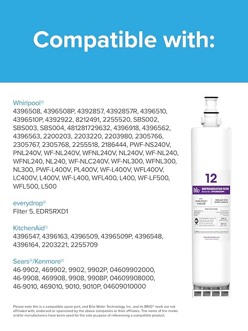 Brio Replacement Refrigerator Filter for Whirlpool 4396508, KitchenAid 4396547 | Significantly reduces unpleasant Tastes, Odors, Chlorine, and VOCs from Fridge Water & Ice | NSF Certified
