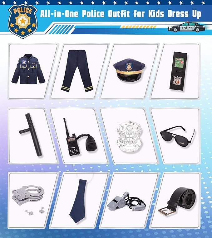 LOYO Police Costume for Kids - Boys Police Officer Costume with Light Up Hat, Halloween Kids Cop Uniform Dress Up Ages 3-12(XL,10-12 Years)