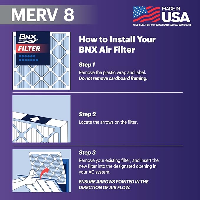 BNX TruFilter 16x25x1 Air Filter MERV 8 (4 Pack) - MADE IN USA – Dust & Pet Defense Electrostatic Pleated Air Conditioner HVAC AC Furnace Filters for Dust, Pet, Mold, Pollen MPR 600 – 700 & FPR 5