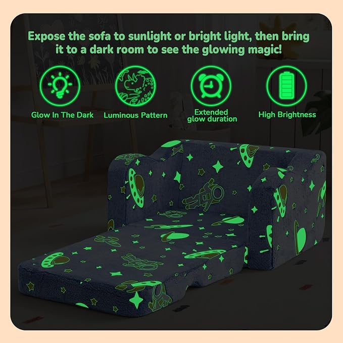 MeMoreCool Glowing Rocket Kids Chair, Glow-in-the-Dark Space Kids Couch, 2-in-1 Convertible Fold-Out Lounger with Soft Foam, Washable Cover for Boys Playroom, Denim Rocket | Reading, Lounging